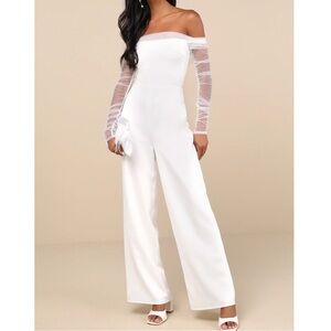 Lulus Eternal Bliss White Tulle Off-The-Shoulder Wide Leg Jumpsuit S